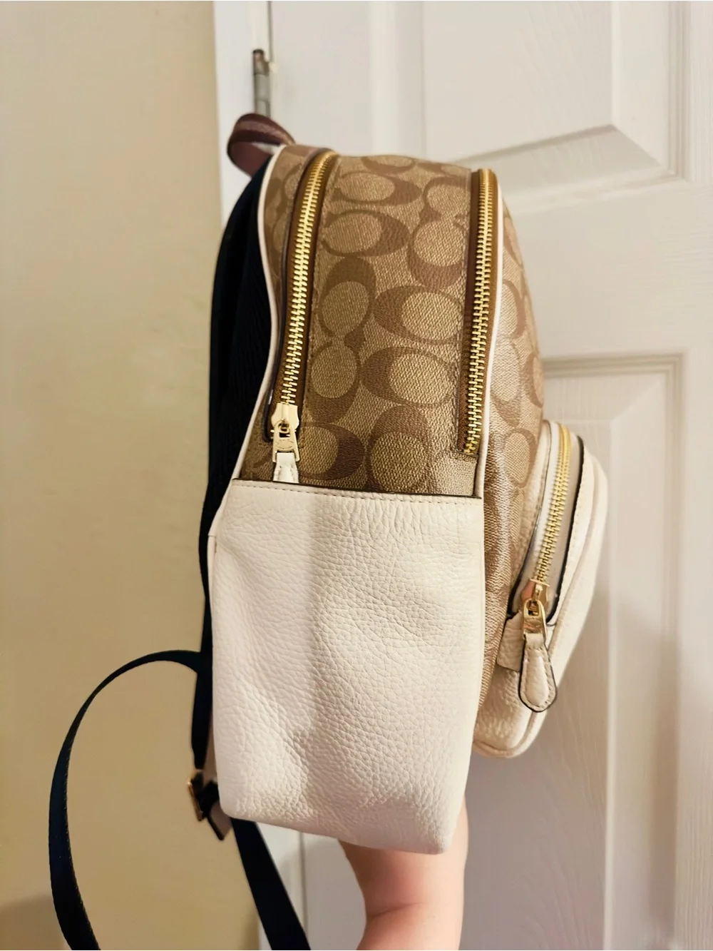 Coach Tan Signature Canvas Backpack with White Leather Front Pocket
